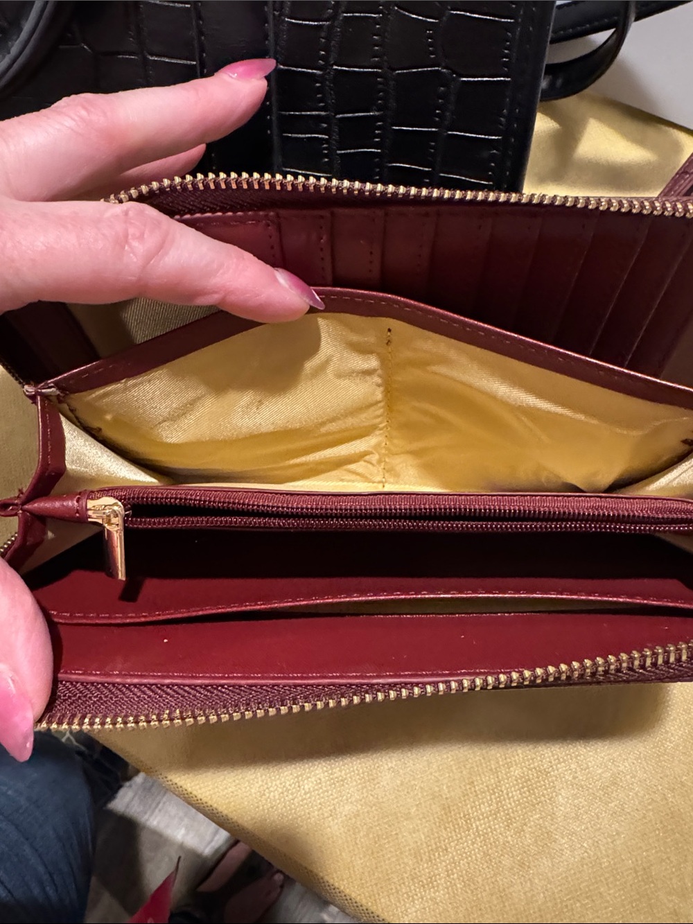 Croc-Embossed Black and Burgundy Satchel with Gold Accent Matching Billfold - Picture 9 of 14